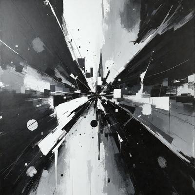 The primary subject of the image is a painting of a cityscape. The setting is a black and white cityscape, with a large building in the center. The visual style is a painting, and the colors and mood are predominantly black and white, giving the image a classic and timeless feel.